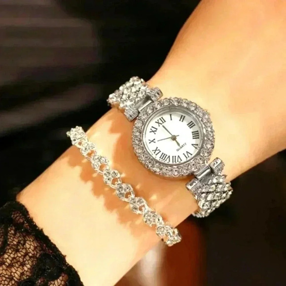 Jewelry - Women's Beautiful Rhinestone Wristwatch Matching Bracelet